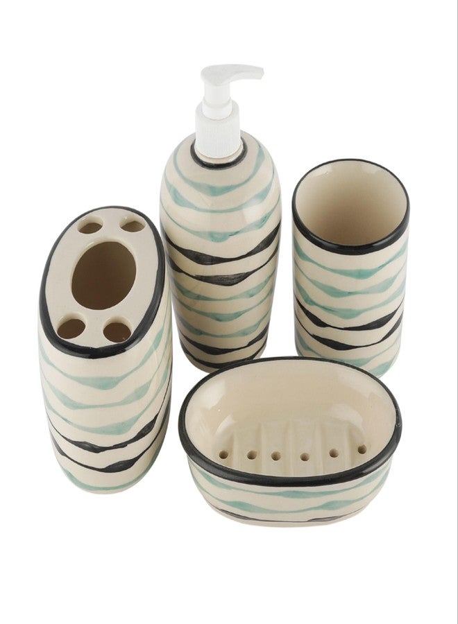 VarEesha Mugdha Off-White Hand-Painted Ceramic Bath Set of 4 Pieces | Liquid Soap Dispenser, Tumbler, Toothbrush Holder & Soap Tray | Bathroom Accessories, Bathroom Décor - Image 5